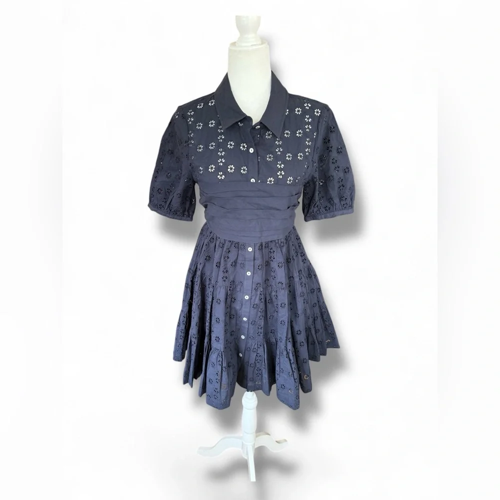 Cinq a Sept NWT‎ Alexie Dress 100% Cotton Navy Eyelet Lace Tie Mini Dress Size 8